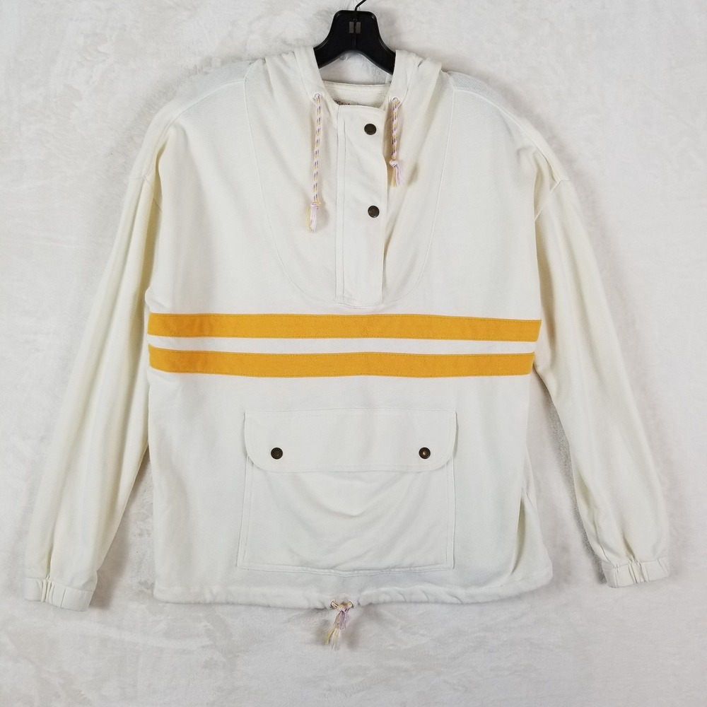 Faherty Suncrest Hoodie Women Medium White Yellow Striped Sunburst Graphic Snap - Picture 2 of 8